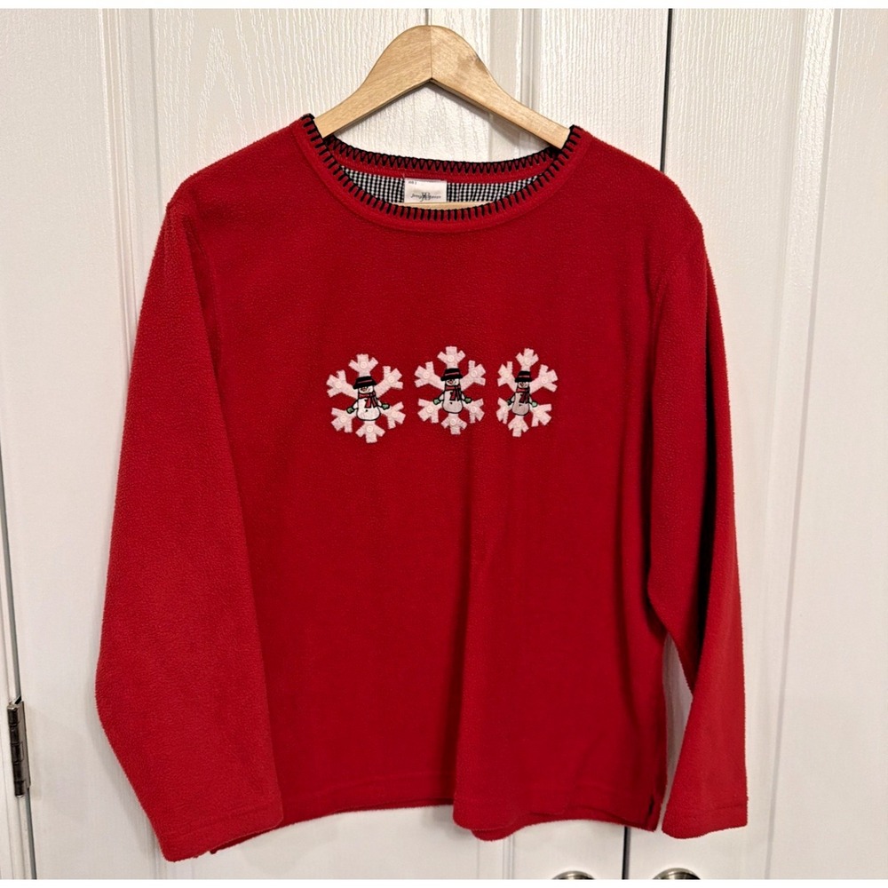 Jenny Buchanan Pullover Fleece Sweatshirt Snowmen Snowflakes Red Women's Size L